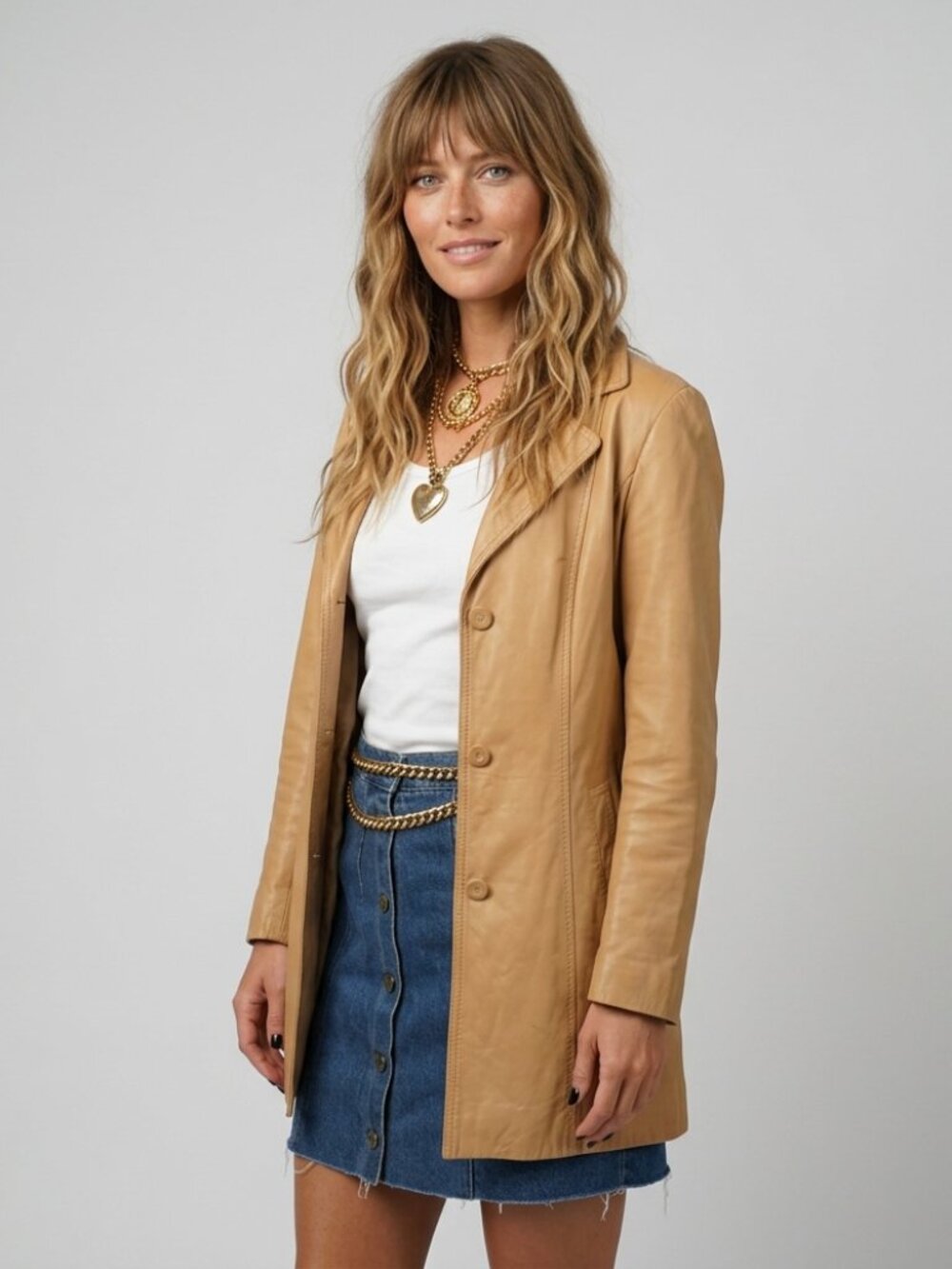 Leather Jacket 90s Tan long Blazer Car Coat Size Medium